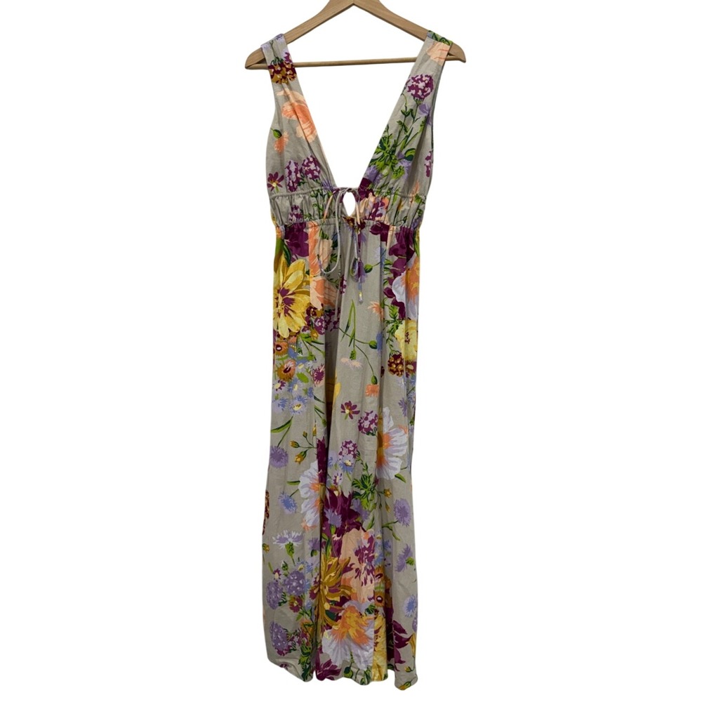 H&M XS Floral Maxi Dress Cotton Linen Blend Open Back Tie Back